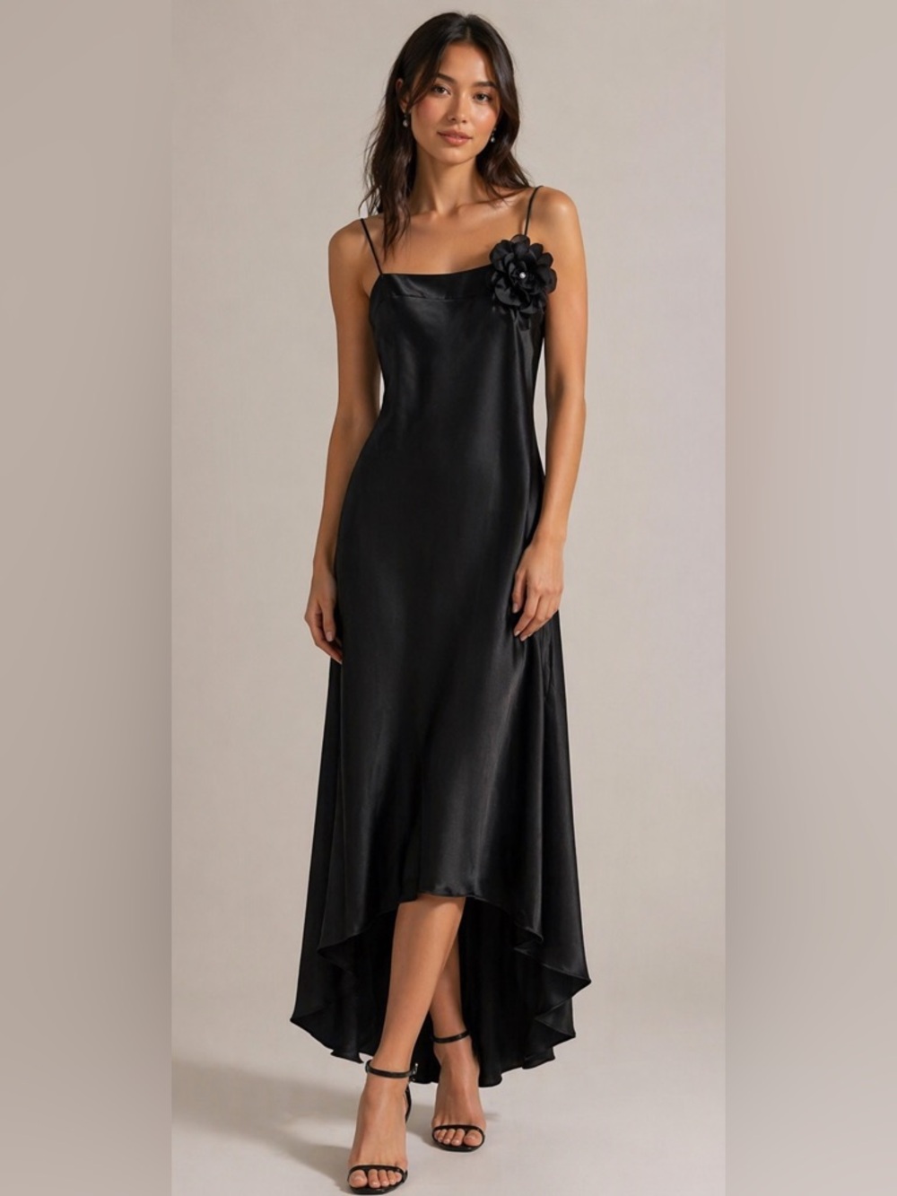 VTG Jessica Howard Black Slip Dress Spaghetti Strap High Low Removable Flower